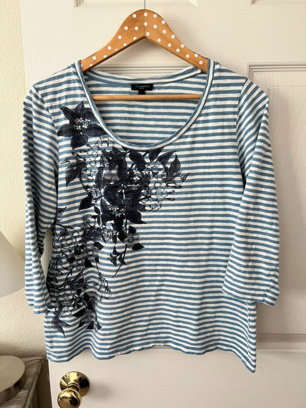 Talbots Petites LP Blue White Stripe Floral Print Cotton Top